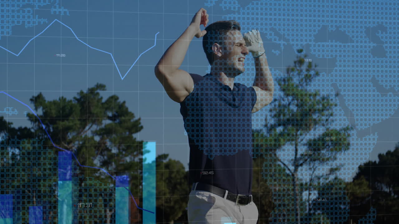 Male golfer raising hands on fairway, showcasing golf analytics technology with graphs overlay