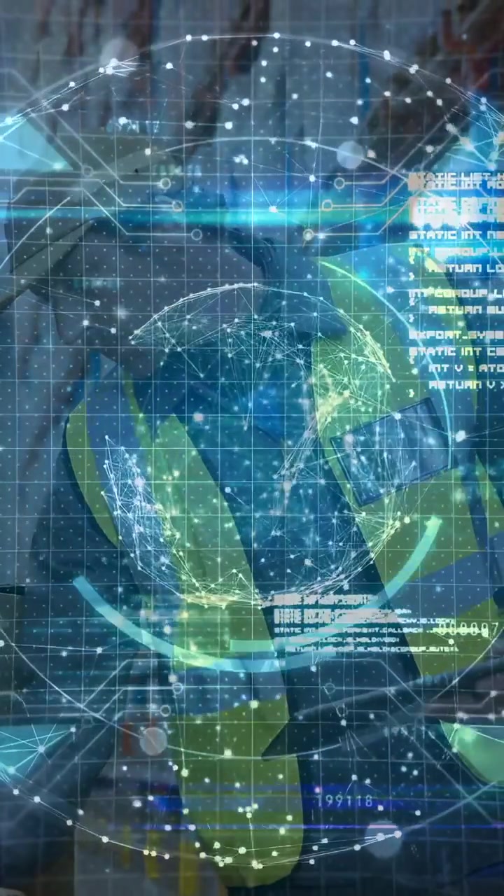 Vertical video: Lead tapping tablet, starting HUD globe pulsing over torso for construction safety
