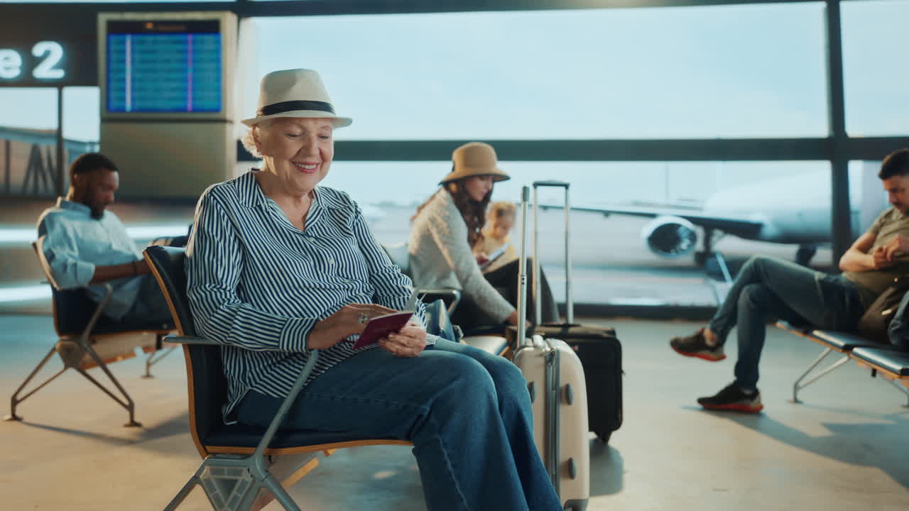 Senior woman waiting at the airport with her passport
