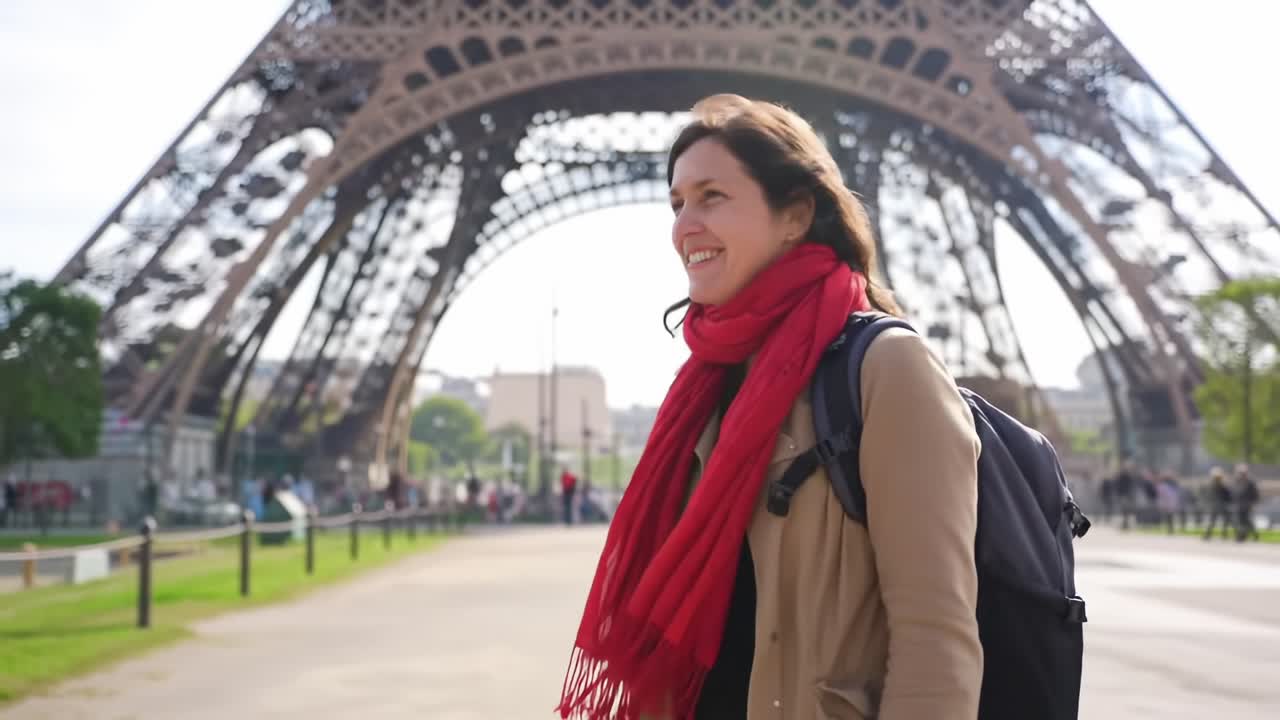 Viaggiatore sorridente esplora un monumento iconico a Parigi sotto un cielo sereno e luminoso