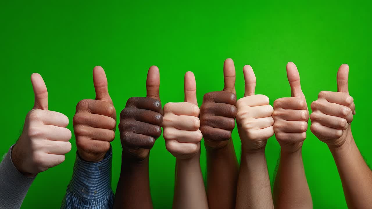 Un groupe diversifié de mains donnant avec enthousiasme le pouce levé sur un fond vert vif, symbolisant l’accord, le soutien et la positivité dans l’unité.