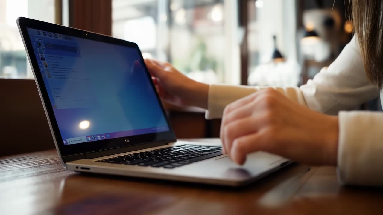 Donna che solleva il coperchio del laptop e inclina lo schermo in un bar per ridurre il riflesso e digitare, sticker