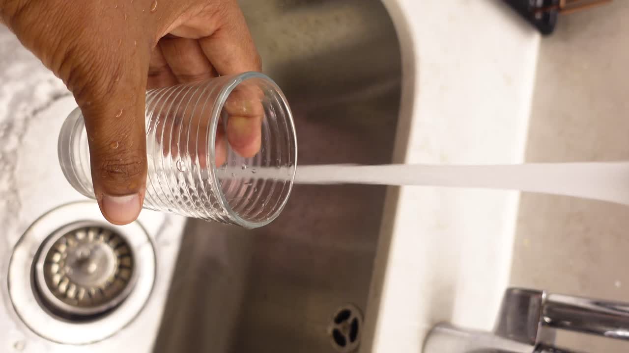 Person Filling a Glass with Water from a Kitchen Faucet