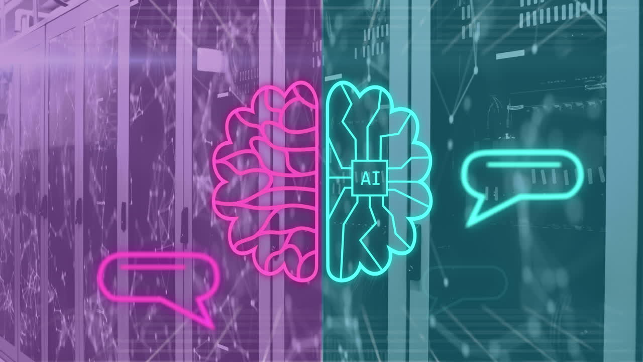 animación de todo el texto y el icono, procesamiento de datos a través de servidores informáticos