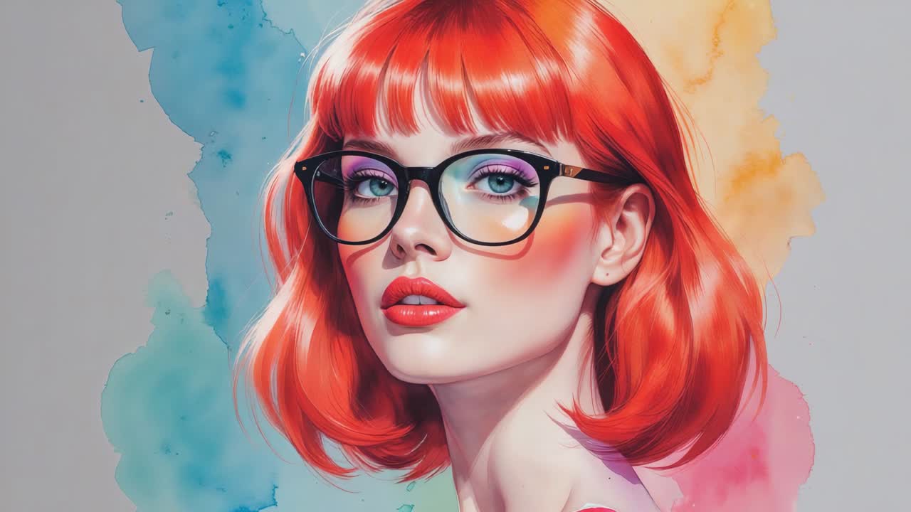 Zooming camera capturing red-haired woman on watercolor backdrop, showing black-framed eyeglasses