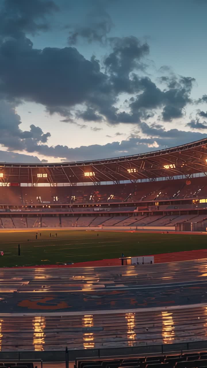 Vertical video: Lighting floodlights while panning across sports stadium at dusk, with wet track
