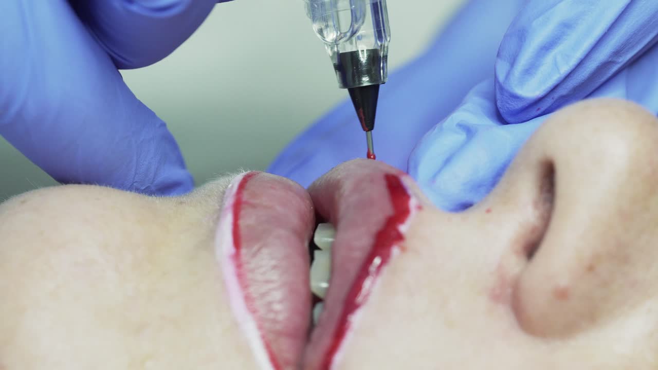 Permanent lip makeup with red pigment. Close-up. Beautician in blue rubber gloves. Beauty saloon