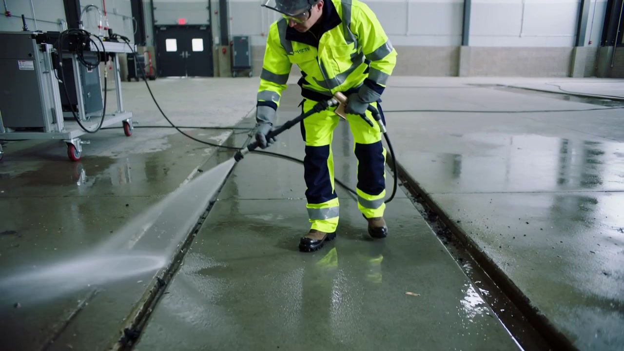 Activating spray, worker in hi-vis spraying workshop floor with jet wand and hose cleaning seams