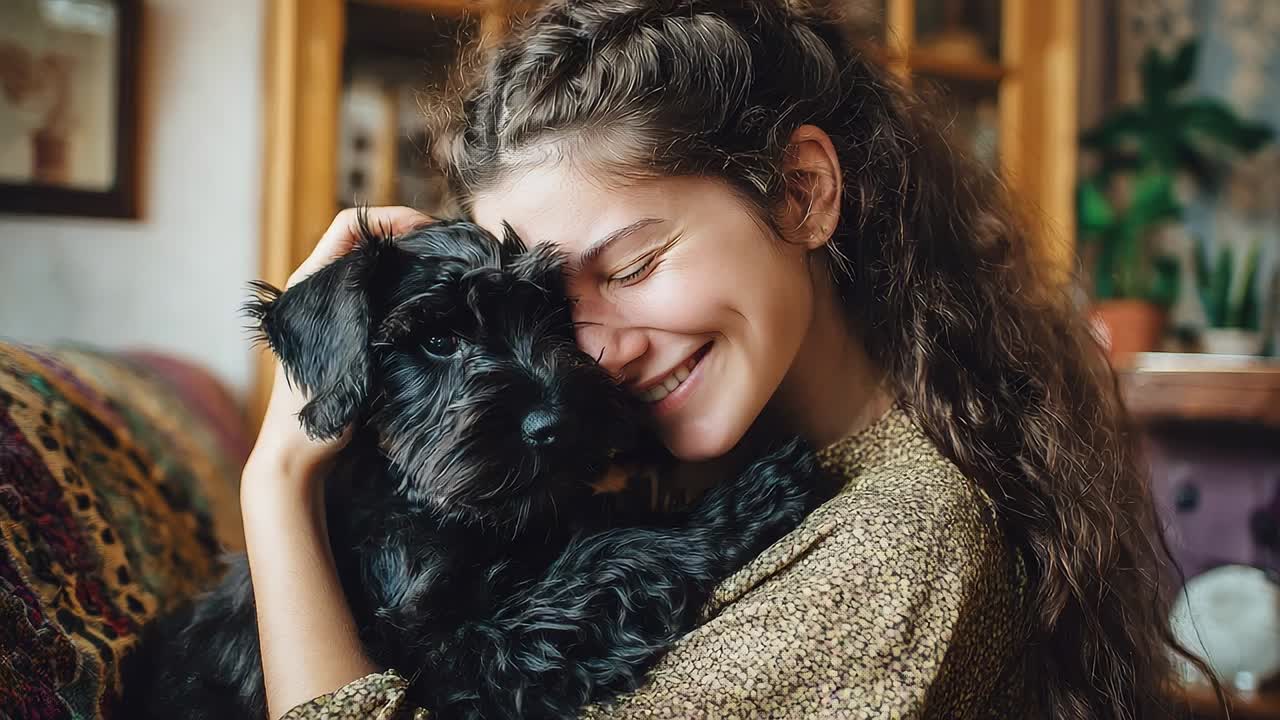 Girl happily cuddling her black dog in a cozy indoor setting