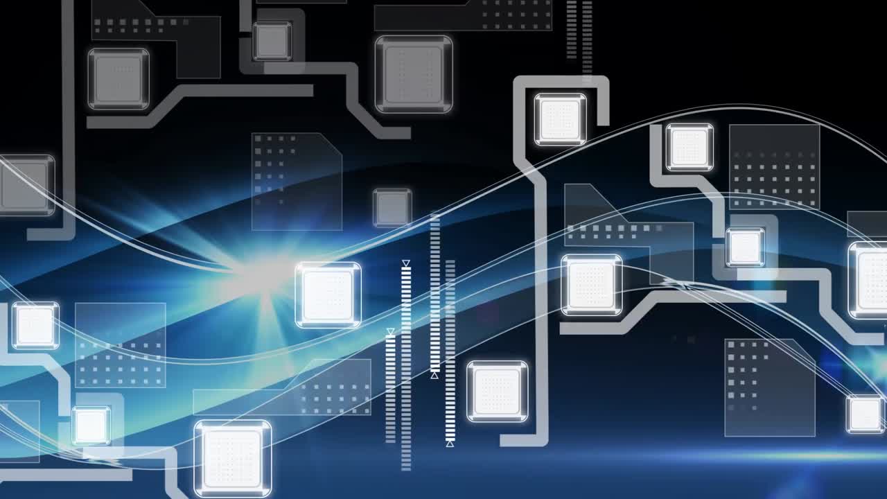 연결 마커 네트워크의 애니메이션 스캔과 빛나는 파란색과 검은색 b에 대한 데이터 처리