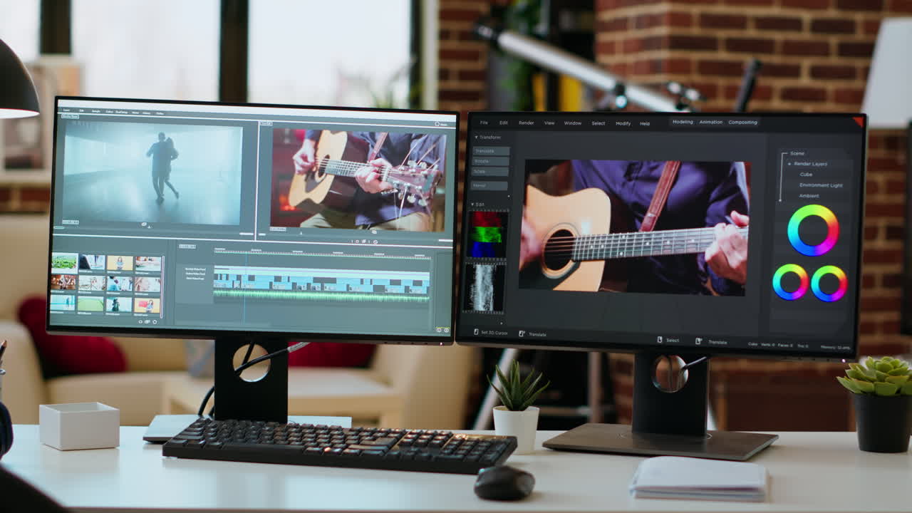 Empty desk in living room featuring dual monitors displaying a video project
