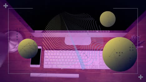 Animation-of-yellow-spheres,-parallel-lines-and-processing-data-over-computer-on-desk