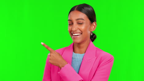 Green-Screen,-woman-and-portrait-of-pointing-to