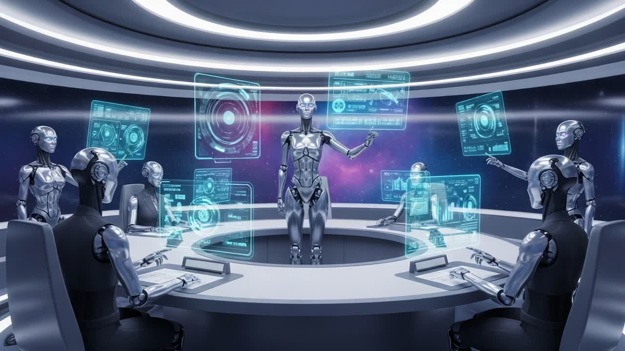 A futuristic assembly in a high-tech control room where advanced robotic figures interact with illuminated holographic data displays, showcasing a collaborative technological environment