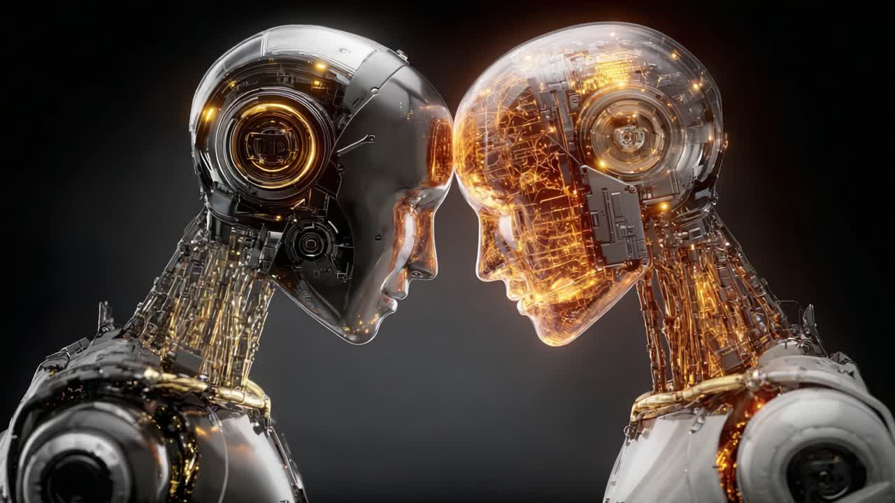 Un incontro intrigante tra due androidi futuristici, che mostra la tecnologia avanzata e il concetto di connessione tra intelligenze artificiali in un accattivante stile di arte digitale