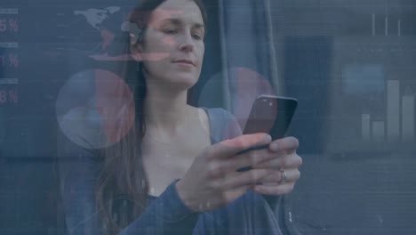 animation of infographic interface over low angle view of caucasian woman typing on cellphone