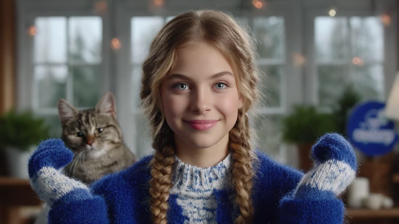 A Joyful Moment: A Young Girl in a Cozy Blue Sweater Smiling Cheerfully With a Playful Cat by Her Side, Capturing the Essence of Warmth and Friendship