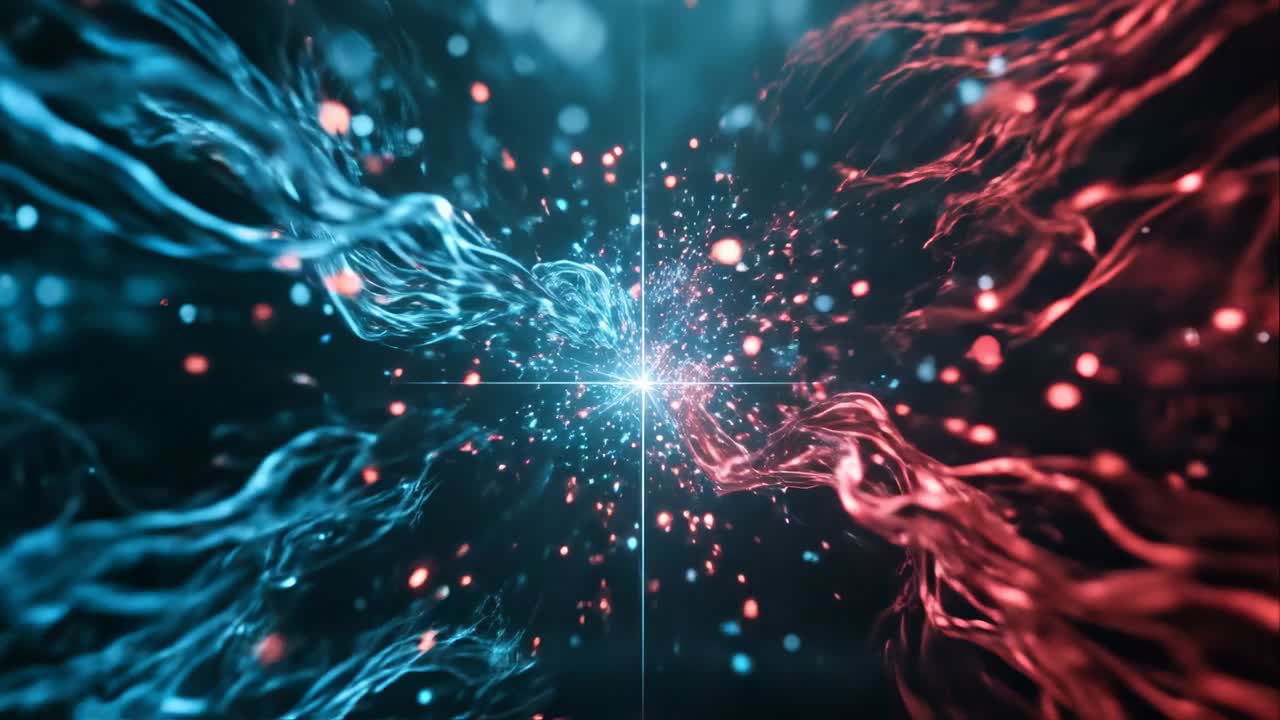Swirling colors mix in a central point. Bright colors swirl together at the center, creating a burst of energy. The scene looks dynamic and colorful