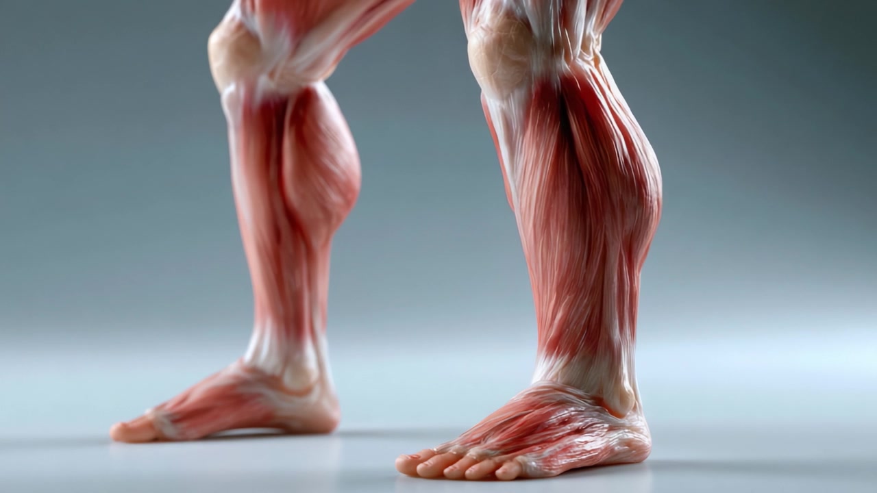 Modello anatomico dettagliato degli arti inferiori umani che mostra la struttura muscolare e l'anatomia di superficie di gambe e piedi in una visualizzazione ad alta risoluzione.