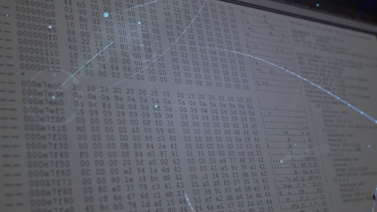 Hexadecimal code displayed on screen with digital network overlay animation