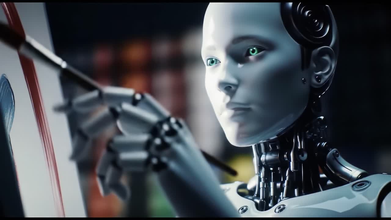 A Close-Up of a Futuristic Android with Captivating Green Eyes, Showcasing Advanced Robotics and AI Technology in a High-Tech Environment