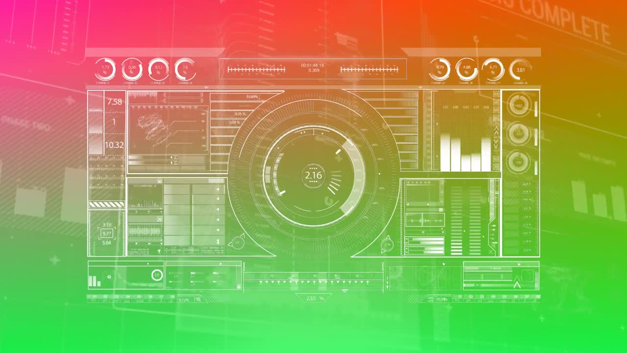 animación de la pantalla con registro de estadísticas y procesamiento de datos sobre fondo rojo a verde