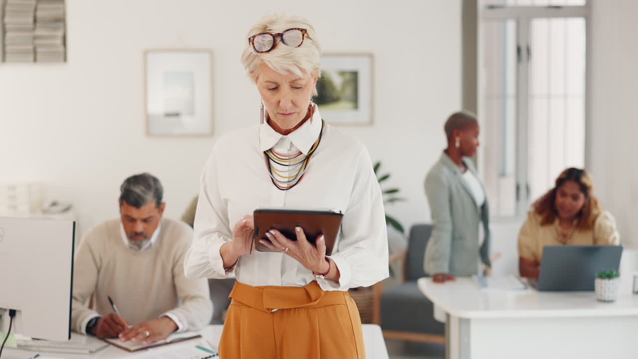 Business woman, thinking or tablet in coworking