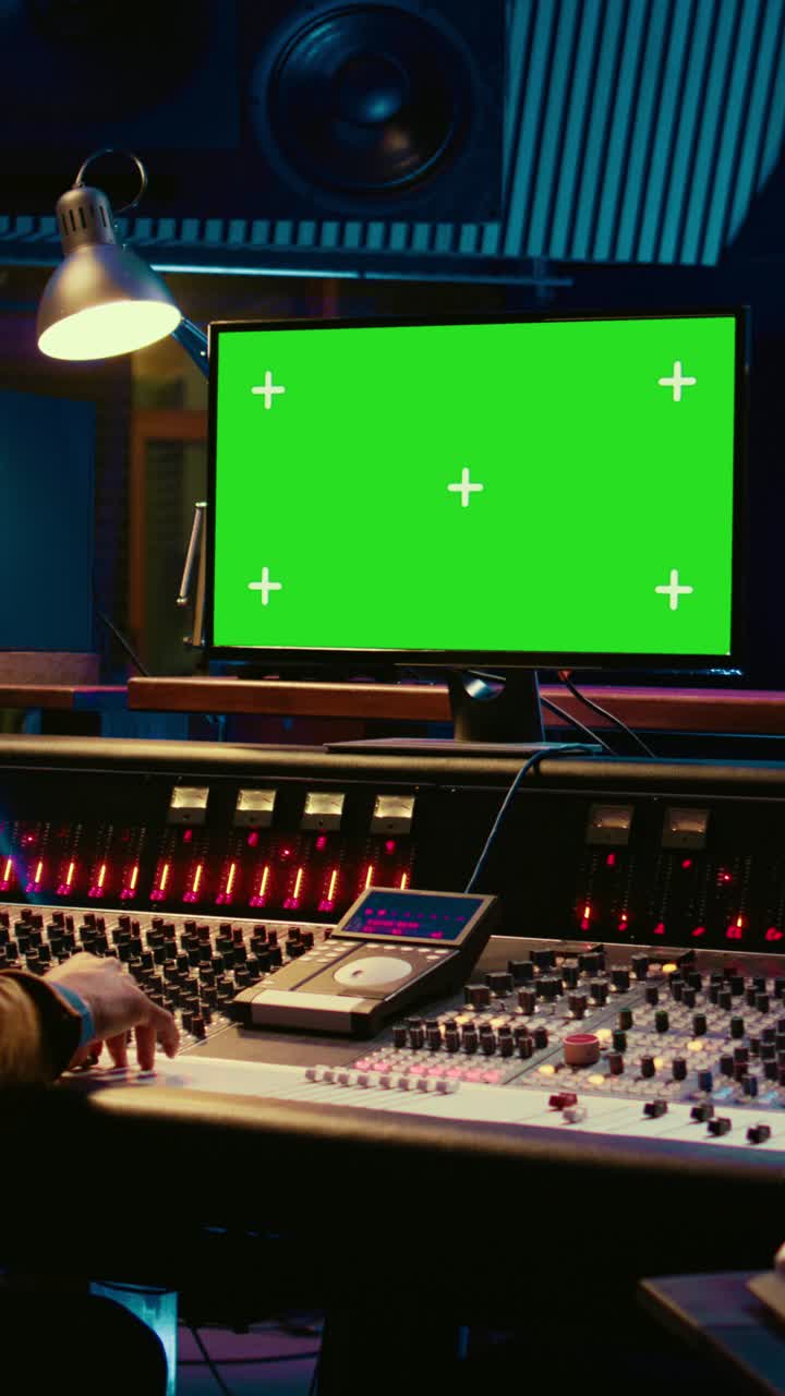 Hand Adjusting Audio Mixer in Recording Studio with Green Screen