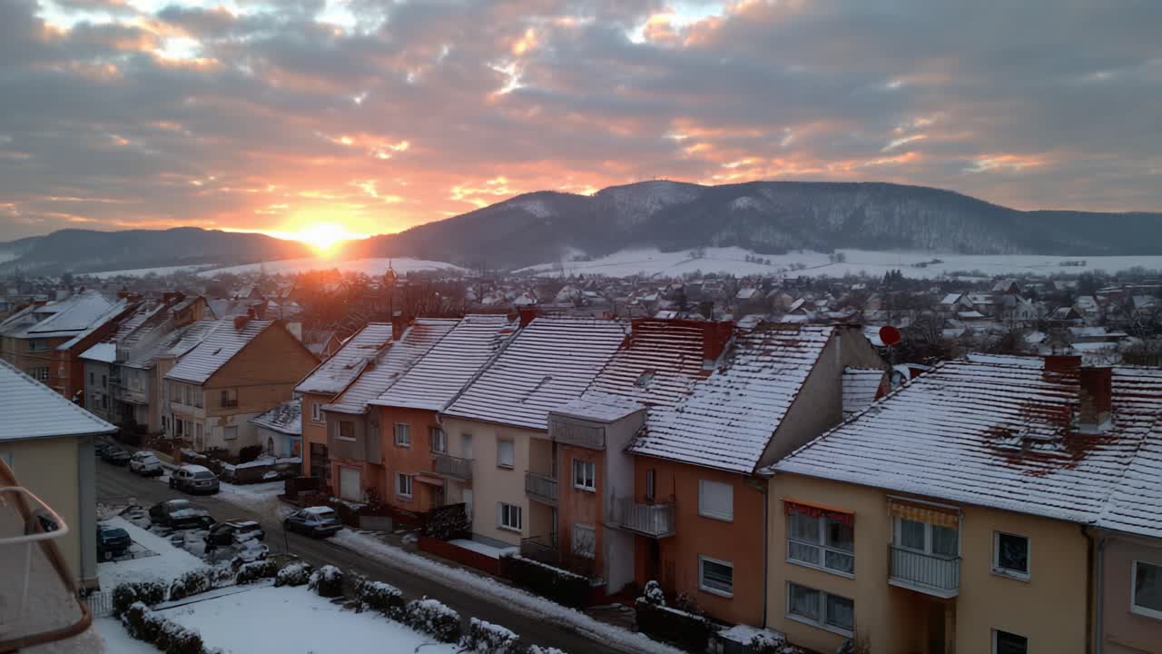 A Beautiful Winter Sunset Over Snow-Covered Houses and Mountains, Casting a Warm Glow in a Serene Residential Neighborhood