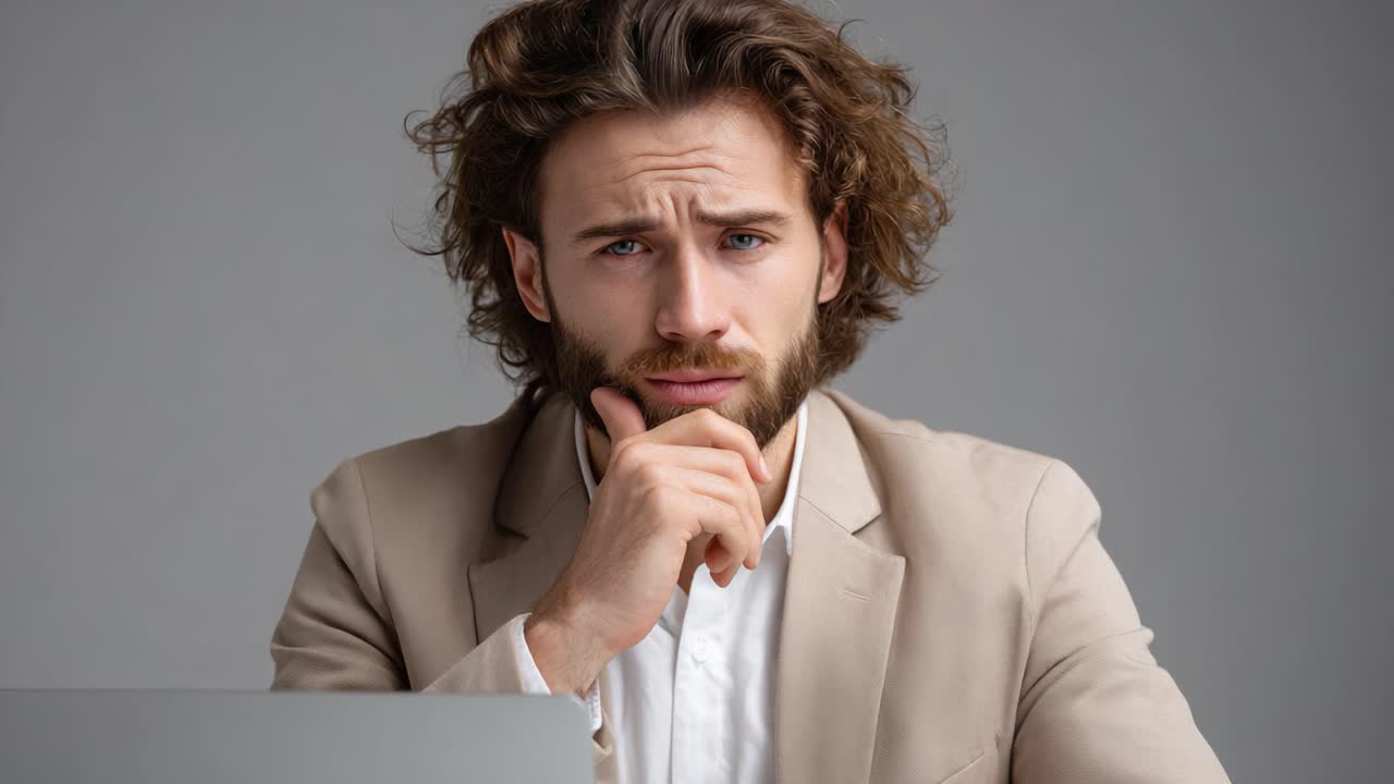 Thoughtful man in a business attire sits at a desk, pondering deeply with a focused expression, reflecting on serious matters in a professional setting