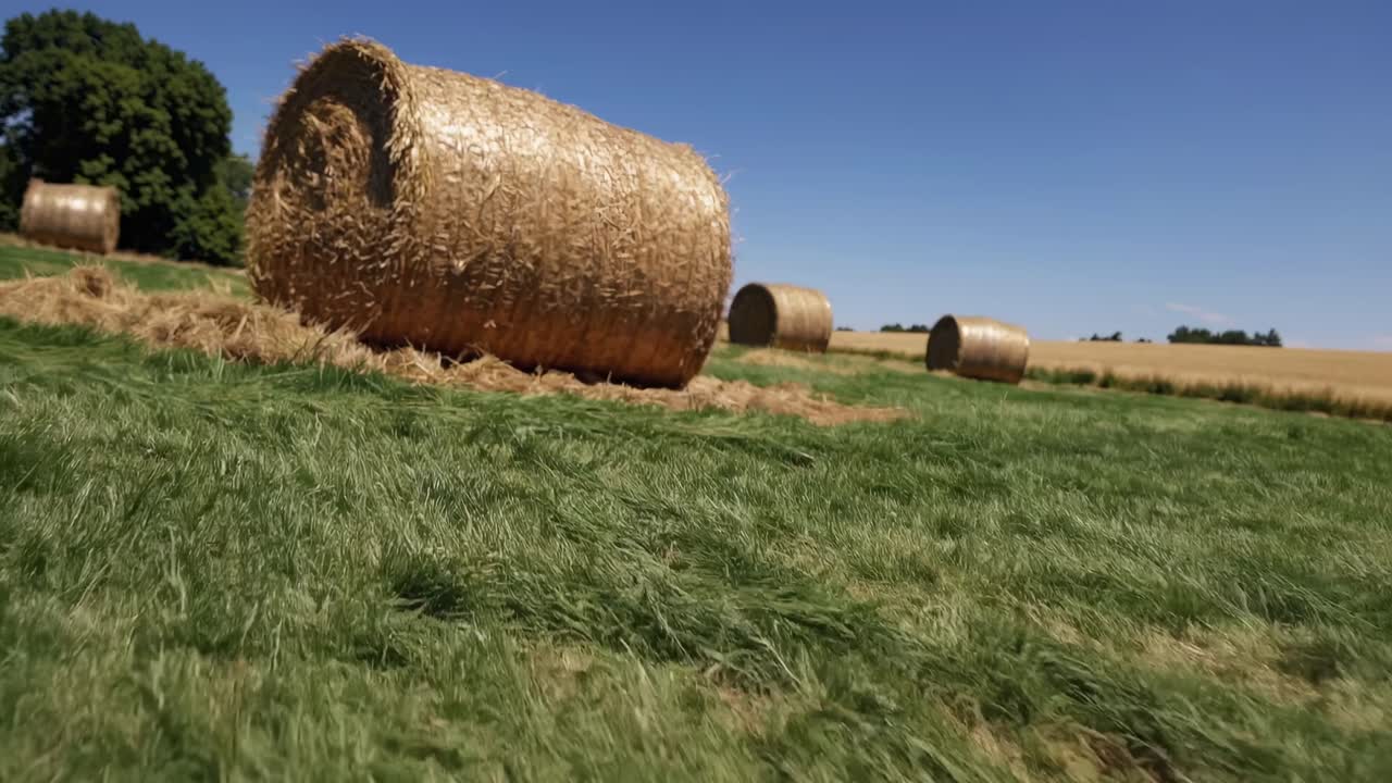Videoaufnahme aus niedriger Perspektive von einem ruhigen Feld mit Heuballen unter einem klaren blauen Himmel, die die ländliche Atmosphäre einfängt.