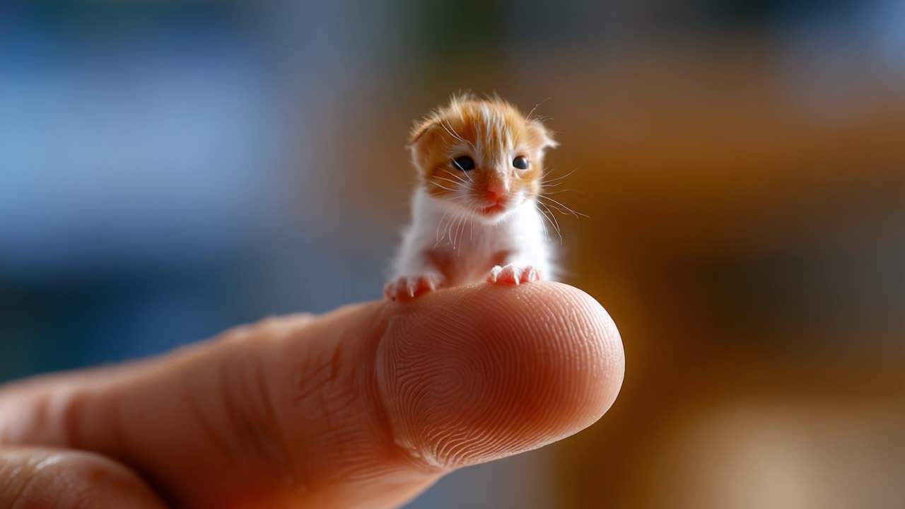 Adorable Tiny Kitten Balancing on a Finger, Capturing an Endearing Moment of Playfulness and Innocence in Nature's Most Cuddly Creatures