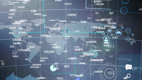 Animation-of-network-of-connections-with-digital-words-over-world-map-in-background