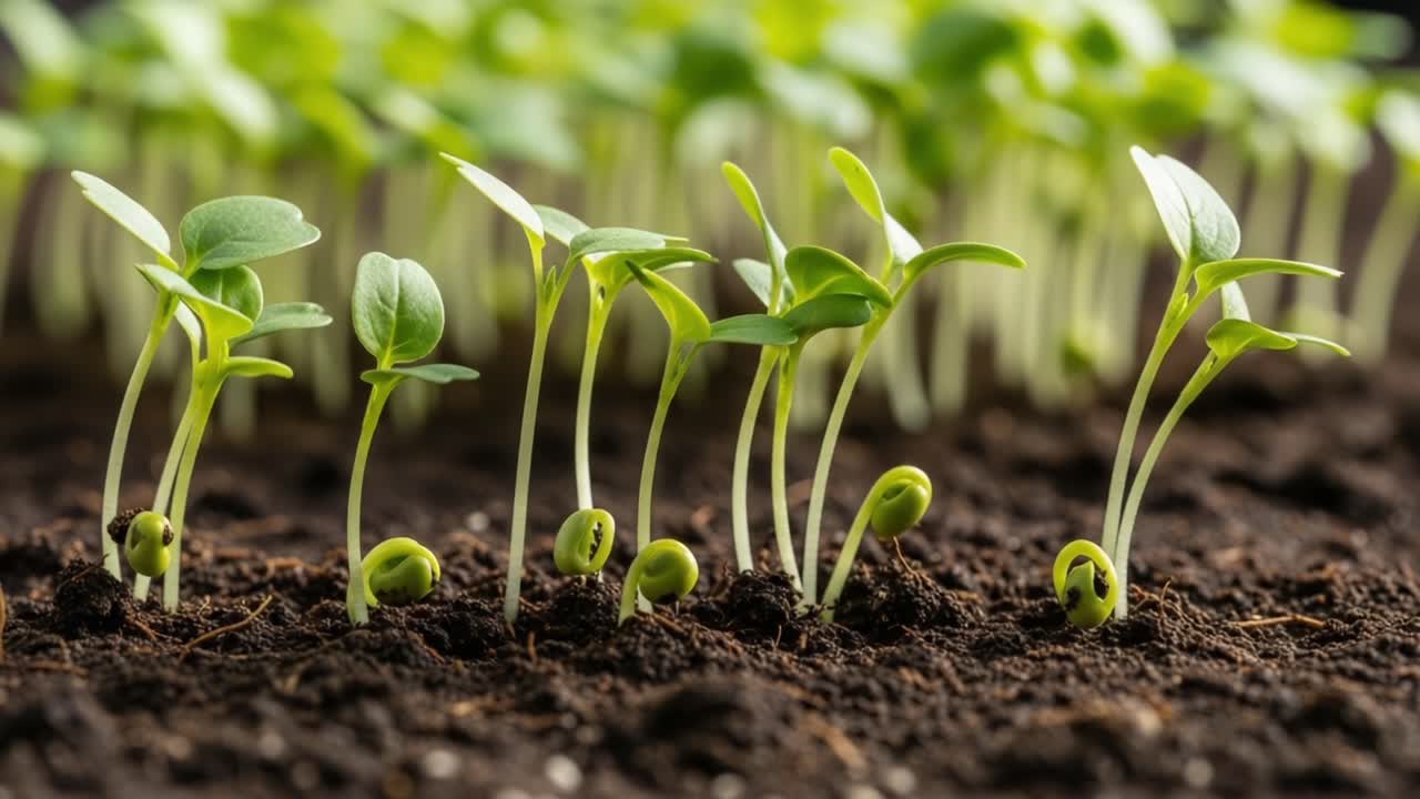 A Sequence of Emerging Seedlings: Witnessing the Growth Transformation of Plants from Seed to Sprout as They Break Through the Soil in a Sunlit Environment