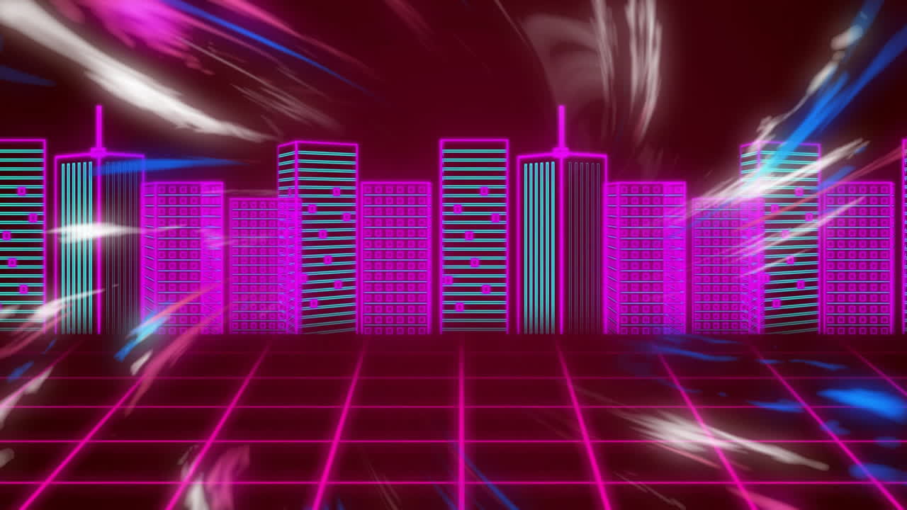 Animazione di paesaggio urbano al neon con pavimento a griglia e scie di luce