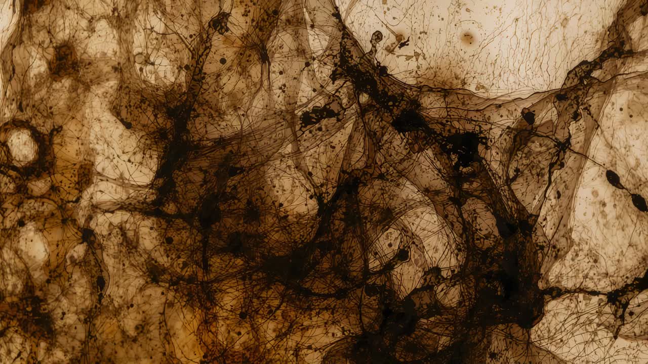 Panning lens revealing dark brown filament network filling backlit slide to show finer filaments