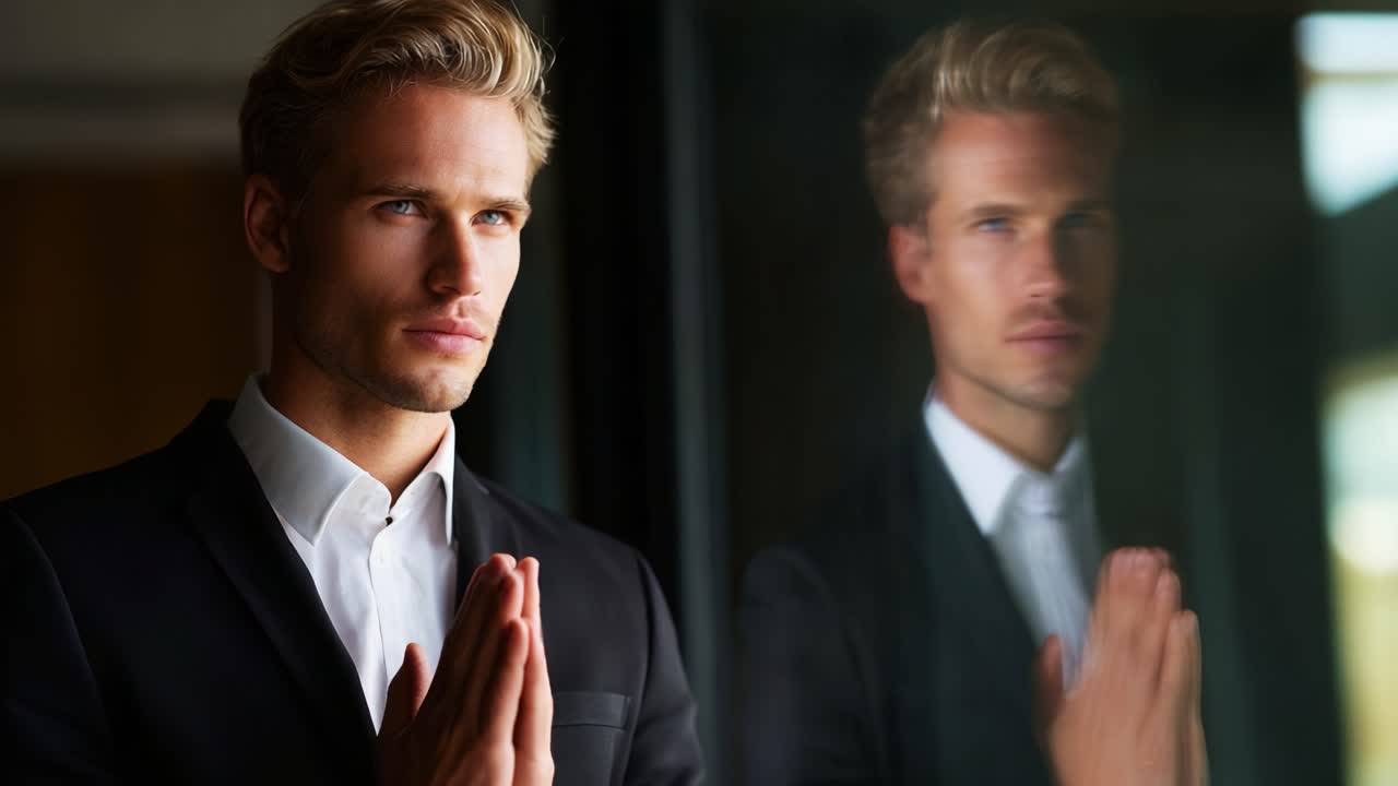 A poised young man stands pensively, hands together in prayer, gazing reflectively through a glass window, showcasing a moment of introspection and deep contemplation in a well-dressed attire