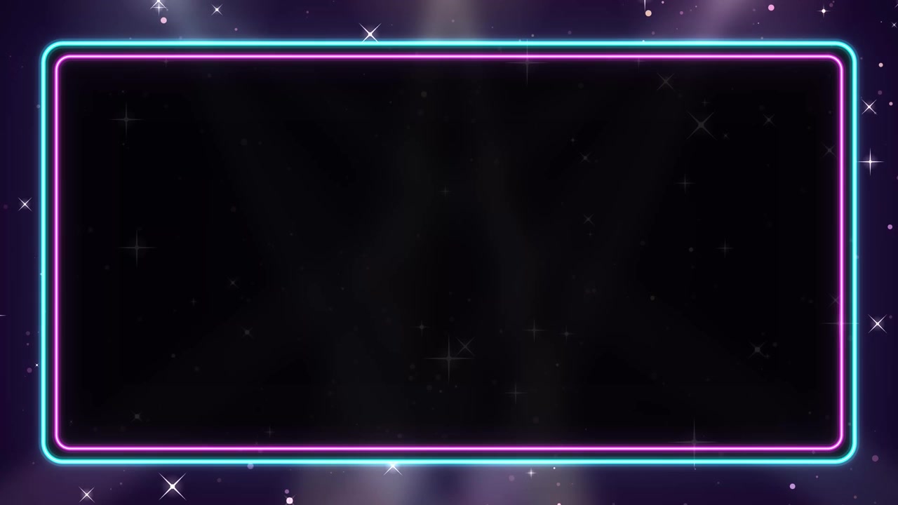 Glowing cyan and magenta neon borders surround a dark stage with shimmering glitter and spotlights.