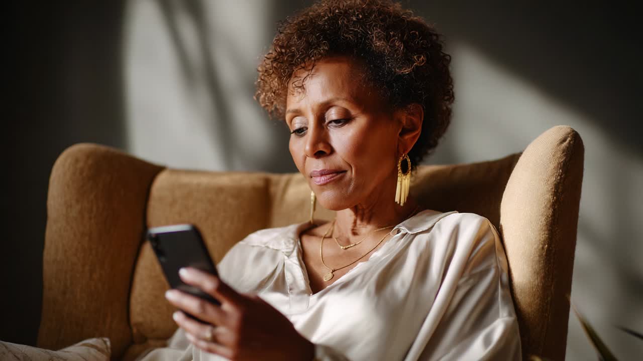 Uma mulher relaxando em uma poltrona aconchegante, interagindo com seu smartphone, emitindo uma luz quente e um sorriso alegre enquanto aproveita um momento de conexão em um ambiente calmo e sereno