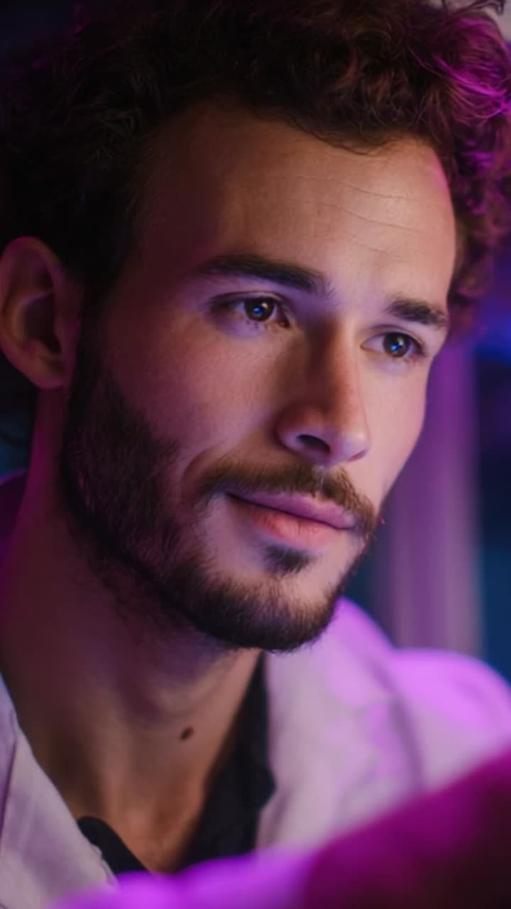 Thoughtful Man Engaged in Deep Contemplation with Gentle Smile, Illuminated by Soft Colorful Lights in an Ambient Setting, Capturing a Moment of Reflection