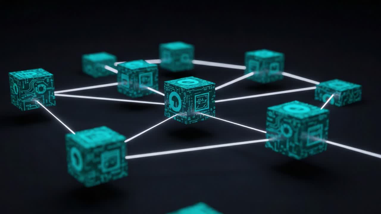 Visual Representation of a Blockchain Network with Interconnected Digital Blocks Illustrating Data Transfer and Secure Information Flow