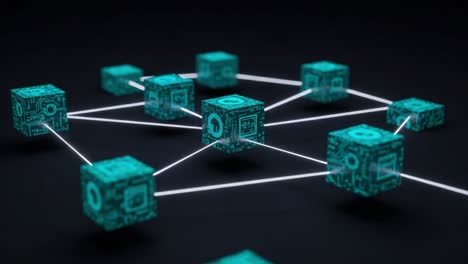 visual representation of a blockchain network with interconnected digital blocks illustrating data transfer and secure information flow