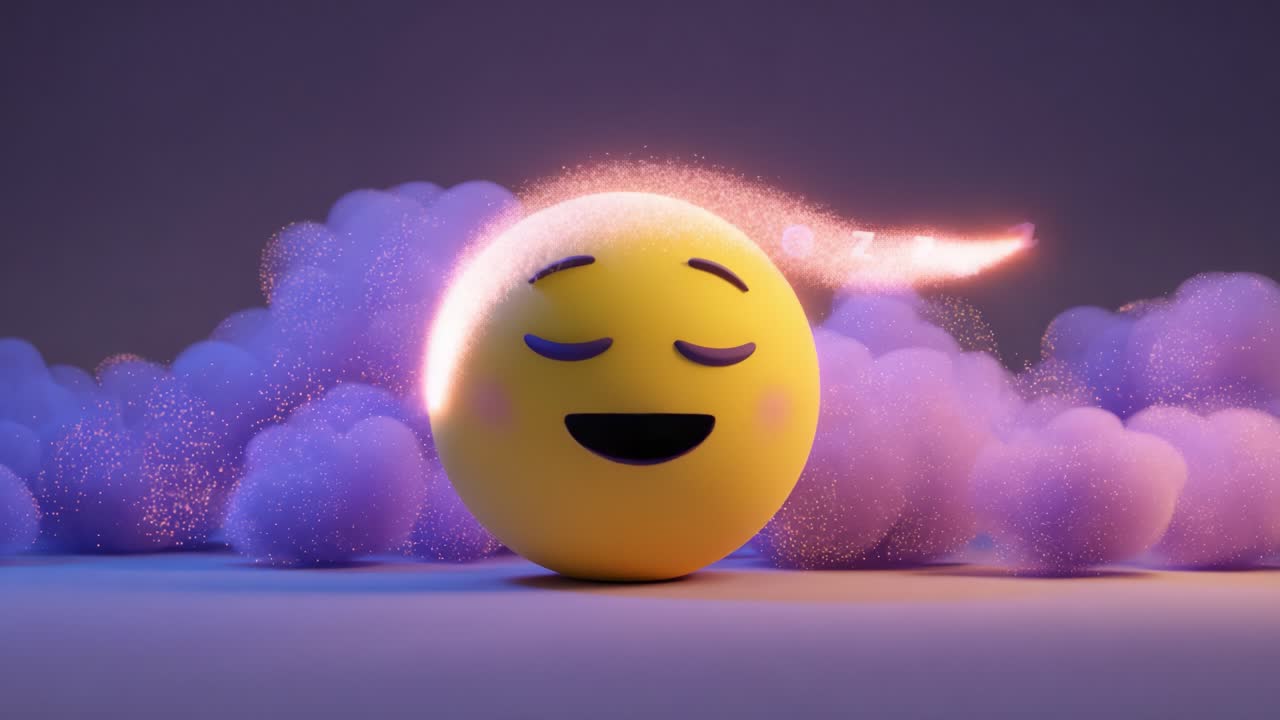 A charming animated scene featuring a sleepy emoji character, with closed eyes and a content expression, surrounded by whimsical clouds and sparkling particles, capturing a delightful dreamlike atmosphere