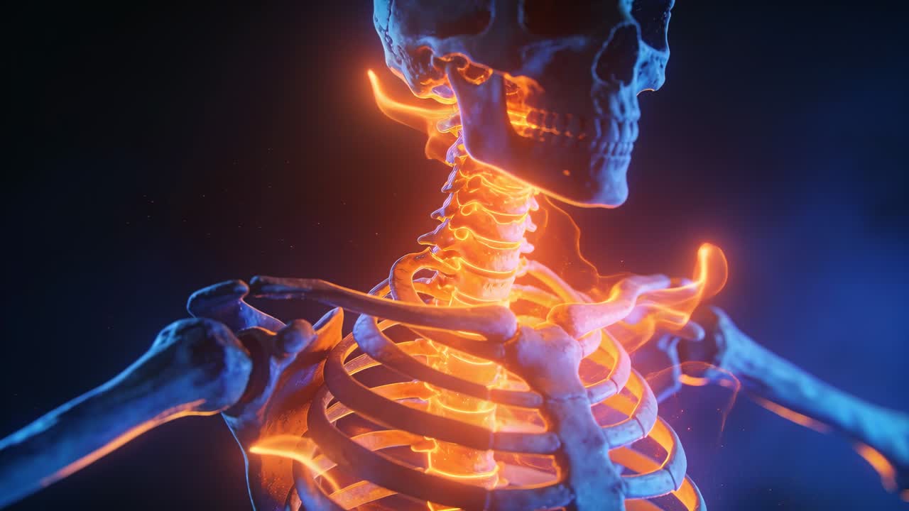 Bagliore arancione crescente anima un teschio e una gabbia toracica in studio, evidenziando le clavicole, con bordo blu freddo a contrasto
