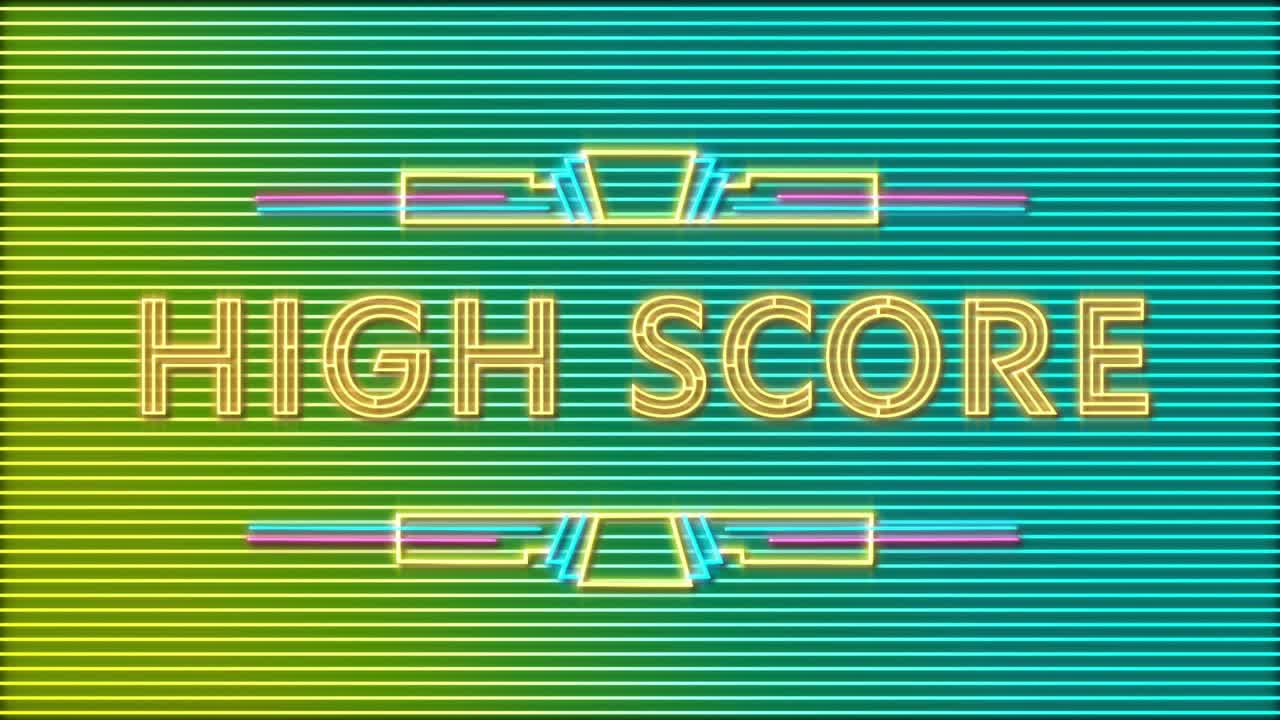 Central black reveal bar retracting, neon HIGH SCORE filling and pulsing to reveal arcade title