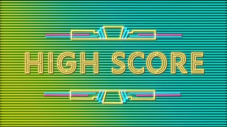 Central black reveal bar retracting, neon HIGH SCORE filling and pulsing to reveal arcade title