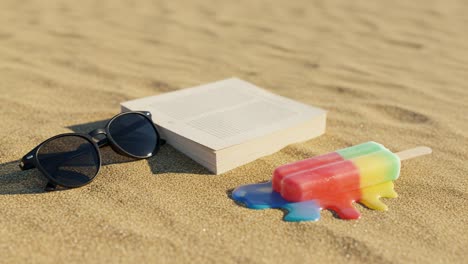 a refreshing summer scene at the beach featuring a colorful melting popsicle, sunglasses, and an open book on the warm sand