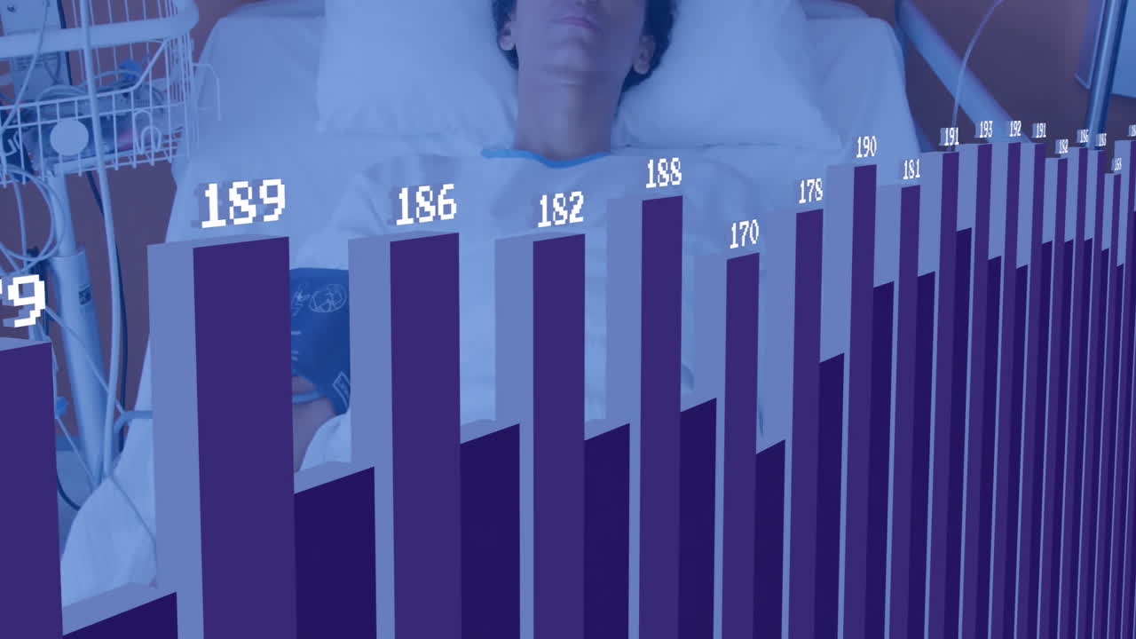 woman patient lying on back in hospital bed, showing animated bar graph monitoring health stats