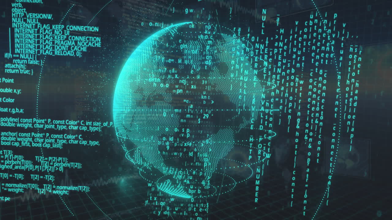 Animation of binary coding data processing and globe over dark background