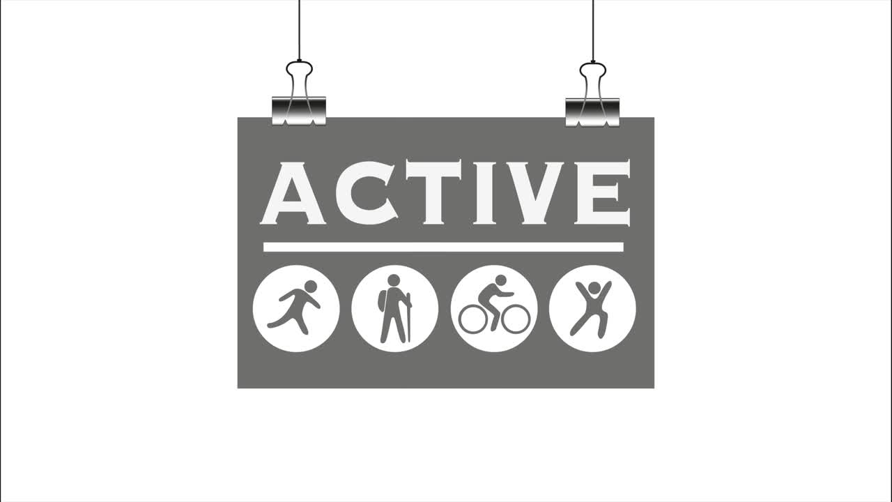 Activity icons set with ACTIVE word banner hanging on clamps